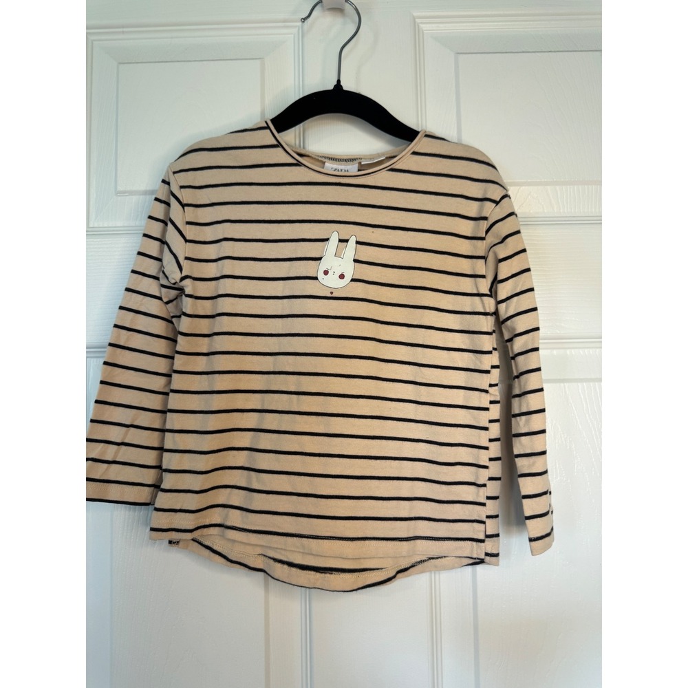 Zara Baby Kids Striped Long Sleeve Bunny Graphic T-Shirt Tan Black Size 3-4Y